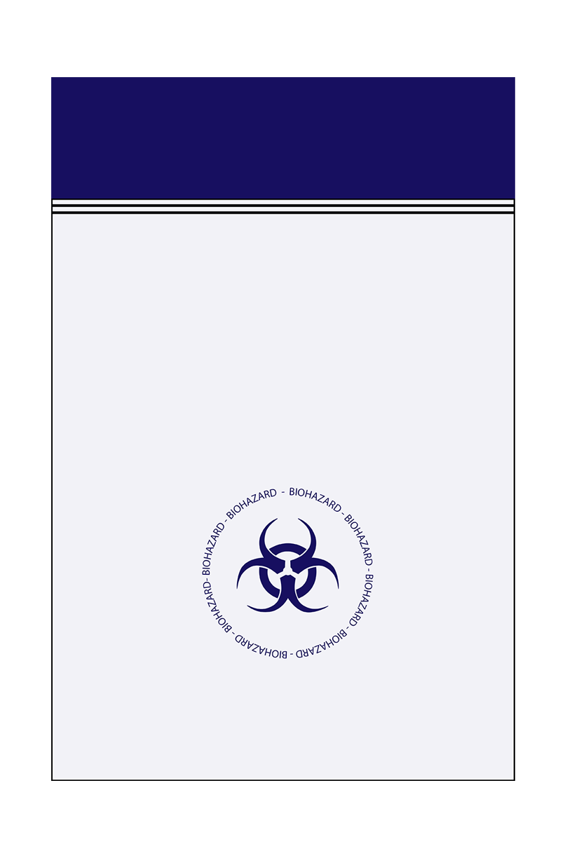 Immagine di una busta BIOHAZARD blu utilizzata per il confezionamento dei campioni destinati a spedizioni nel Regno Unito, fornita da Eurofins Genoma per garantire la sicurezza e il corretto trasporto dei campioni.