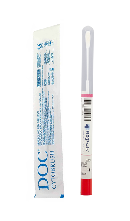 Kit per test Eubiome di Eurofins Genoma, composto da un tampone COPAN vaginale endocervicale e un tampone CYTOBRUSH endocervicale, utilizzati per la raccolta e la conservazione dei campioni.