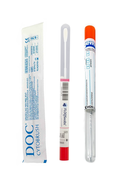 Kit per tampone faringeo di Eurofins Genoma, comprendente un tampone a secco floccato, un Cytobrush e un tampone con asta metallica fine senza agar.